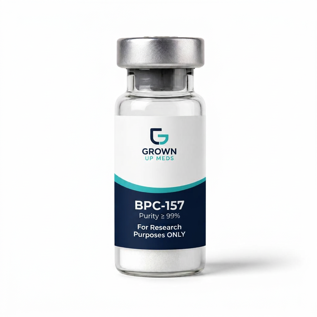 BPC-157 10mg research peptide vial with Grown Up Meds label, ≥ 99% purity lyophilized powder