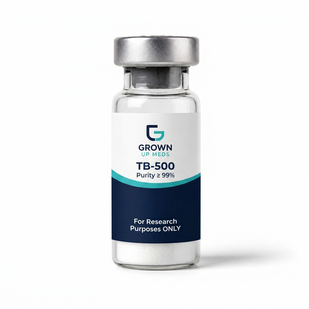 TB-500 10mg research peptide vial with Grown Up Meds label, ≥ 99% purity lyophilized powder